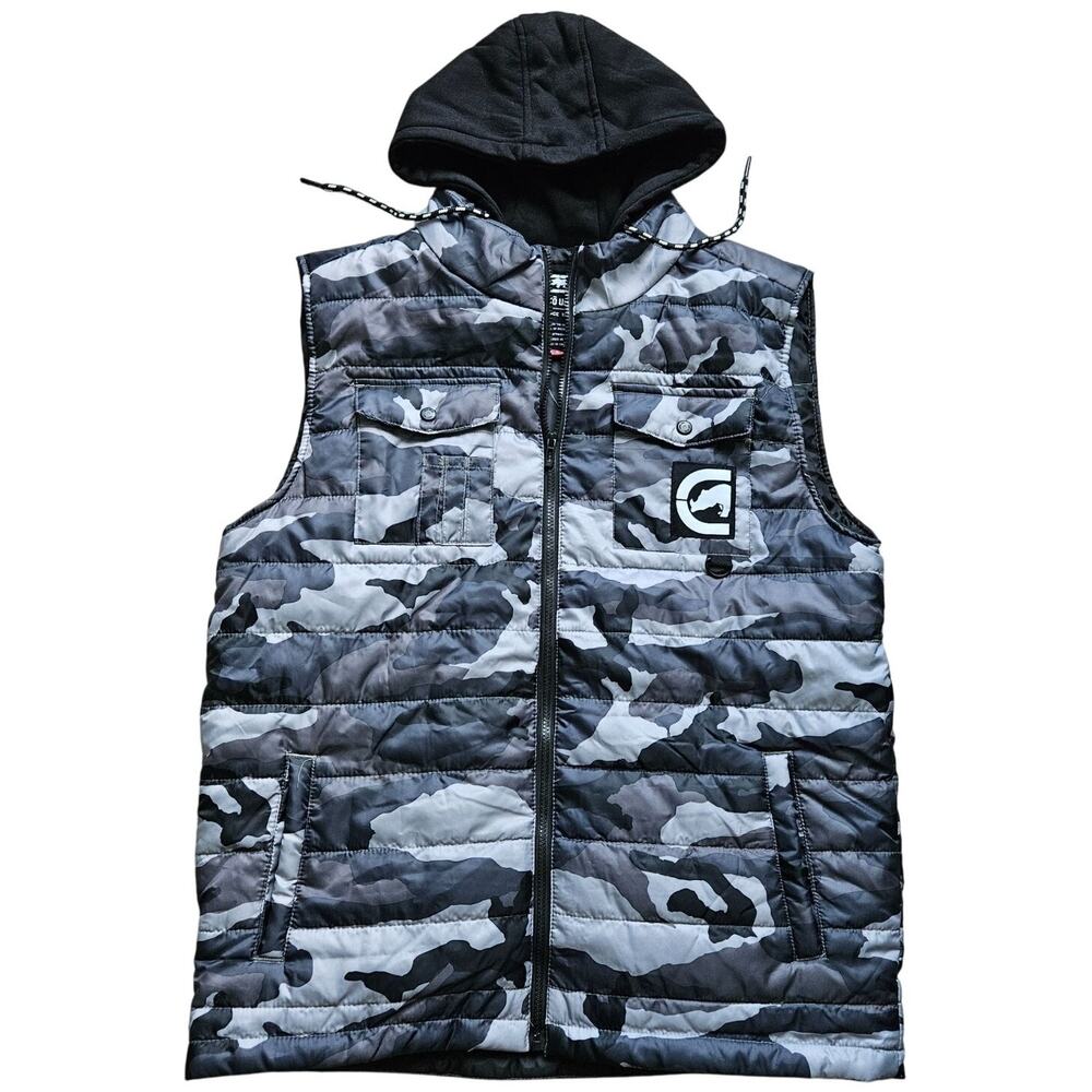 Ecko Unltd Mens Camo Puffer Vest Size Large Black Gray Hooded Lightweight NEW
